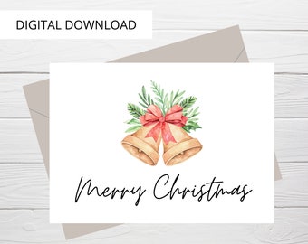 Printable Merry Christmas Card with Bells, Digital Holiday Card with Bells, Merry Christmas Digital Printable Card