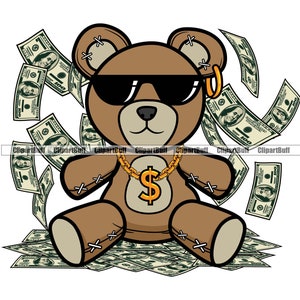 Hustle Teddy Bear Making It Rain Money Occhiali da sole Collana d'oro Cartoon Hip Hop Rap Rapper Boss Swag Drip Tattoo Art Logo Design PNG SVG Cut