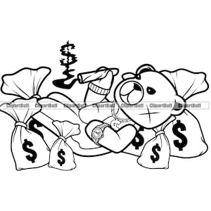 Gangster Hustle Miś Pieniądze Worek Łóżko Bogaty Szef Palenie Cygara Złota Biżuteria Kreskówka Hip Hop Szef Swag Kropla Tatuaż Sztuka Projektowanie Logo PNG SVG