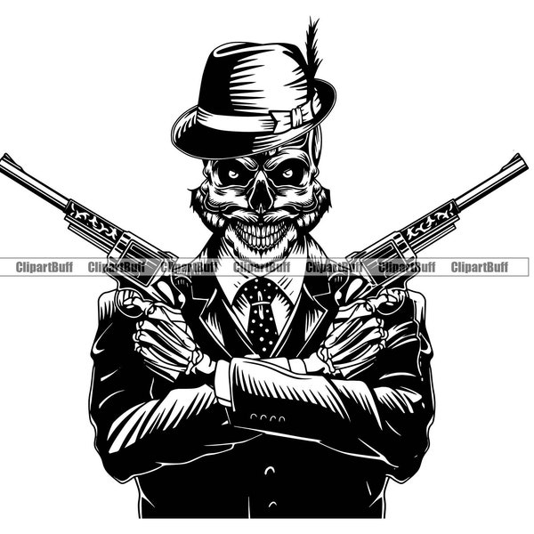 Skull Gangster Mob Fedora Hat Pistols Guns Country Suit Tie Skeleton Texas Beard Evil Scary Thug Tattoo Art Logo Design JPG PNG SVG Cut File