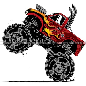 Monster Truck 4x4 4wd Vehicle Extreme Big Wheel Wheelie Drive Auto Flames Offroad Off Road Pick-up Sport Logo Design JPG PNG SVG Cut File