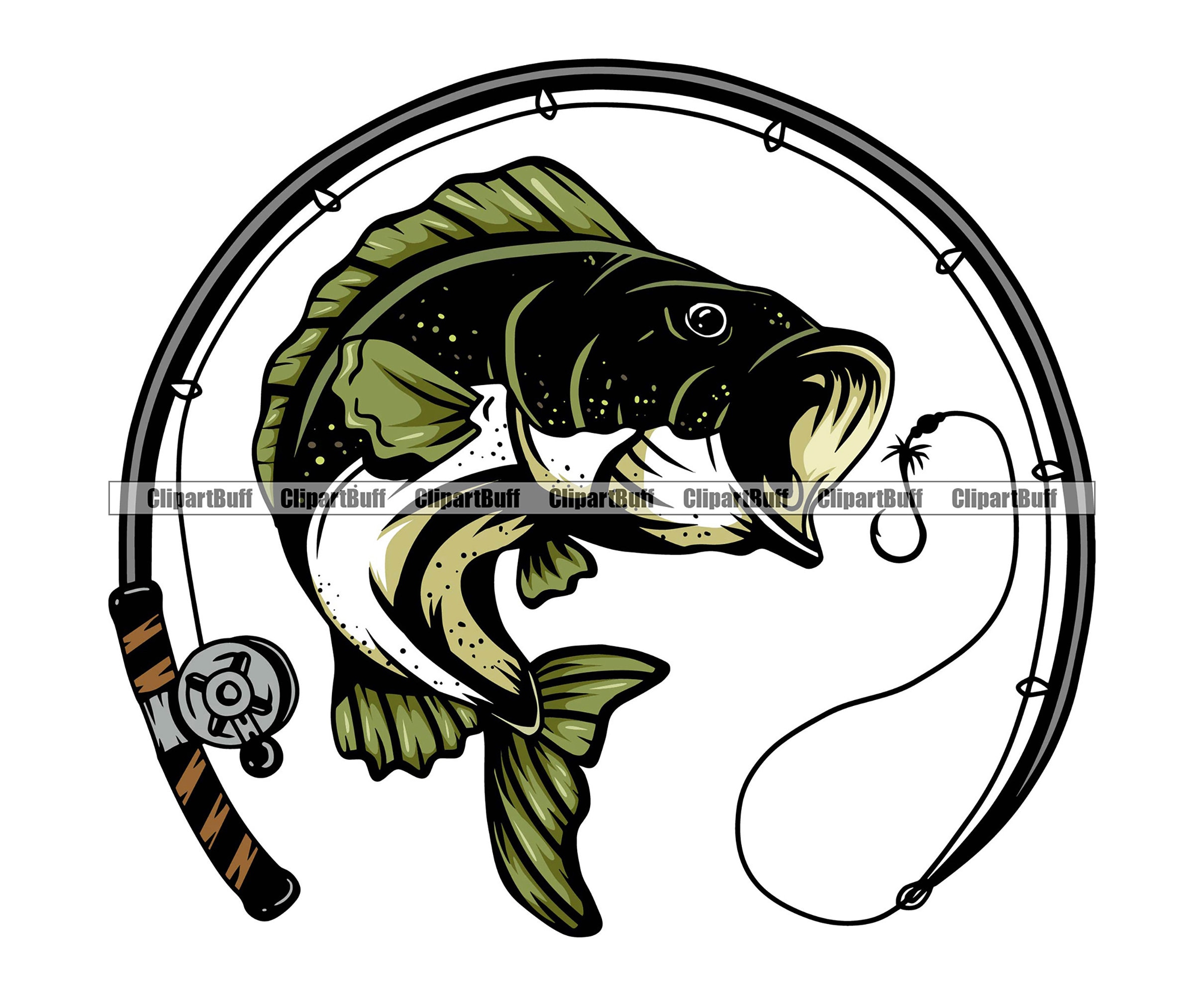 Largemouth Bass Fishing Rod Reel Lure Lake Water Angler Sport Badge League  Equipment Emblem Background Art Logo Design JPG PNG SVG Cut File