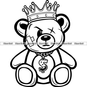 Gangster Hustle Teddy Bär König Missing Eye Narbe Gesicht Verband tragen Gold Halskette Rap Hip Hop Art Hustling Tattoo Design JPG PNG SVG Cut