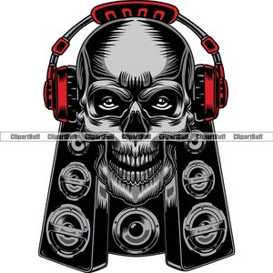 Schädel Kopf Audio Lautsprecher DJ Dee Jay Musik Party Club Disc Jockey Kopfhörer Hip Hop Rap Rapper Skelett Tattoo Farbdesign Jpg PNG SVG Schnitt