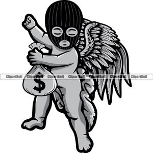 Gangster Hustle Statue Baby Holding Money Bag Indossa maschera da sci Angle Wings Trap Mafia Boss Rich Cash Gang Street Plug JPG PNG SVG File di taglio