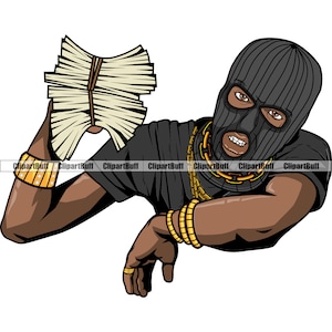 Gangster Hustle Gang Mitglied Thug Black Man hält Geld Stack Ski Maske Gold Schmuck Trap Plug Rap Hip Hop Art Hustling Design PNG SVG Cut