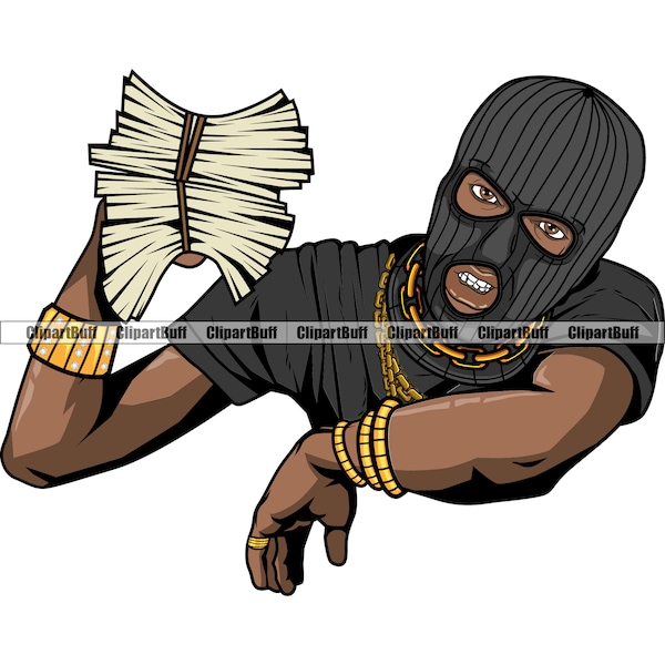 Gangster Hustle Gang Member Thug Black Man Holding Money Stack Ski Mask Gold Jewelry Trap Plug Rap Hip Hop Art Hustling Design PNG SVG Cut