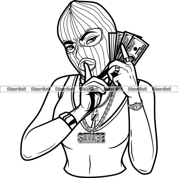 Gangster Hustle Woman Money Ski Mask Silence Shh Finger Rich Thug Hood Street Gang Female Boss Lady Art Hustling Tattoo Design PNG SVG Cut