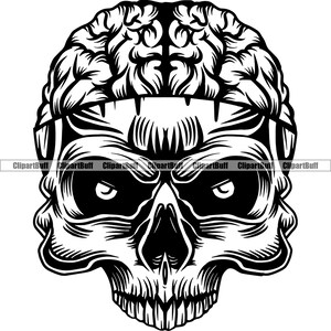 Skull Broken Open Head Brain Drip Skeleton Sharp Scary Teeth Death Ghost Devil Evil Eyes Grin Horror Half Face Vector JPG PNG SVG Cut File