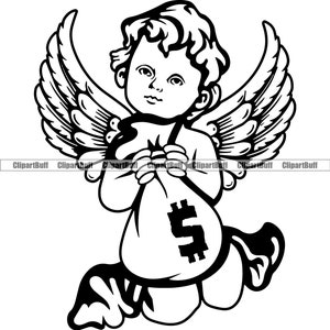 Gangster Hustle Angel Wings Baby Boy Statua religiosa Borsa dei soldi Cash Raining Rich Street Rap Hip Hop Art Hustling Design JPG PNG SVG Cut