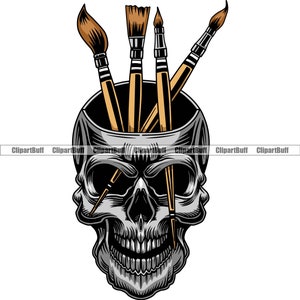 Artiste Pinceau Support Crâne Tête Peinture Peintre Yeux Visage Mort Hobby Squelette Halloween Pinceau Art Artwrk Logo Design JPG PNG SVG Cut
