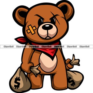Schattig gangster drukte teddybeer litteken gezicht bandage geld tas bandana sjaal rap rijke rapper hiphop kunst hosselen tattoo ontwerp JPG PNG SVG knippen