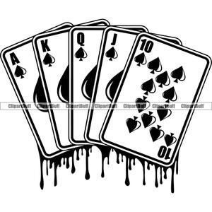 Royal Flush Dripping Poker Hand Casino Juego de cartas Juego de cartas Juego de goteo Gambler Vegas Win Winner Arte Diseño de logotipo JPG PNG SVG Archivo de corte