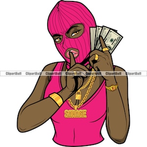 Gangster Hustle Black Woman Money Ski Mask Silence Shh Finger Rich Thug Street Gang Boss femminile Lady Art Hustling Tattoo Design PNG SVG Cut