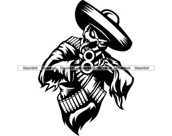 Può includere: Illustrazione in bianco e nero di uno scheletro che indossa un sombrero e tiene una pistola. Lo scheletro indossa una bandoliera con proiettili.