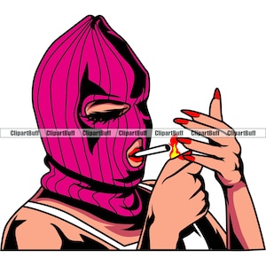 Gangster Woman Ski Mask Cigarette Lady Lipstick Fingernails Nail Gangster Criminal Thief Burglar Female Girl Art Logo Design JPG PNG SVG Cut