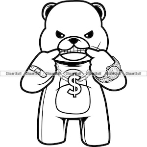 Gangster Hustle Teddy Bear Showing Gold Teeth Grill Cartoon Hip Hop Rap Boss Swag Drip Ghetto Trap Hood Thug Tattoo Art Logo Design PNG SVG