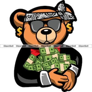 Gangster Hustle Teddy Bear Money Stack Pile Zonnebril Gang Bandana Gouden Oorbellen Cartoon Hip Hop Rap Tattoo Art Kleur Logo Design PNG SVG