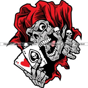 Teschio Mano Joker Scheletro Giullare Cappello Tenendo Poker Carte da gioco Assi Faccia Casinò Gioco d'azzardo Gioco d'azzardo Horror Arte Disegno del tatuaggio JPG PNG SVG Taglio