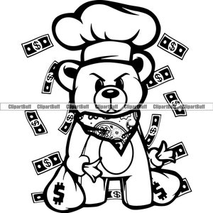 Gangster Chef Hat Teddy Bear Dough Boy Bandana Money Bag Cash Falling Plug Cartoon Rap Trap Ghetto Thug Tattoo Art Logo Design PNG SVG Cut