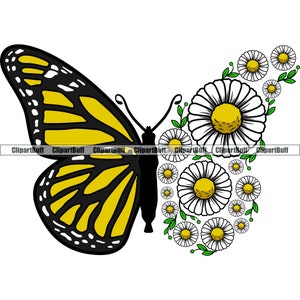 Mariposa Monarca Daisy Amarillo Sol Flor Pétalo Verano Floral Amor Flor Feliz Primavera Naturaleza Alas Arte Logo Diseño JPG PNG SVG Archivo de Corte