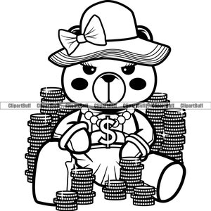 Weibliche Hustle Teddy Bär breite Krempe Hut Haarschleife Gold Dollar Zeichen Kette Bargeld Geldbeutel Hip Hop Rap Hustling Reich Tattoo Logo Design PNG SVG