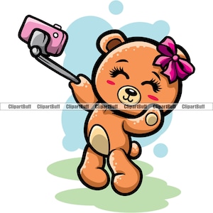Süßer Teddybär Selfie Kamera Fotobild Frau Lady Mädchen Haarschleife Happy Fröhlich Spaß Kunst Logo Design jpg PNG SVG Plotterdatei