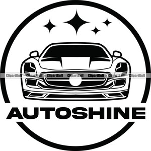 Op de afbeelding: Zwart-wit logo van een autodetailingbedrijf genaamd "AUtoshine". Het logo toont een gestileerde afbeelding van een sportwagen met drie sterren erboven.