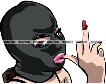 Gangster Hustle Mujer usando máscara de esquí dando el dedo medio Trampa de lágrima Enchufe Salvaje Jefe Señora Arte Hustling Diseño de tatuaje JPG PNG SVG Archivo de corte