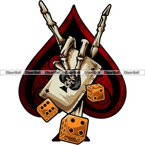 Crâne main tenant as de pique dés squelette visage carte à jouer Poker Casino Gamble jeu horreur Grin Art tatouage conception JPG PNG fichier SVG