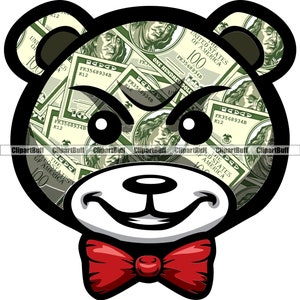 Gangster Hustle Teddy Bear Head Noeud papillon Argent Cash Fourrure Corps Rich Trap Plug Street Rap Hip Hop Art Hustling Tattoo Design JPG PNG SVG Fichier