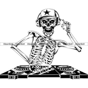Skull Skeleton DJ Dee Jay Music Party Club Disc Jockey Turntable Equipment Nightlife Spinning Scratch Tattoo Logo Art Design Jpg PNG SVG Cut