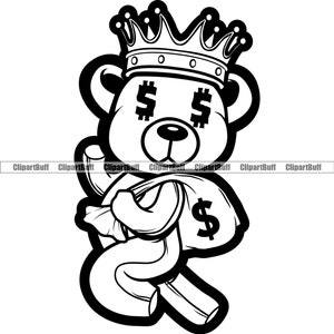 Hustle TeddyBeer King Dollar Teken Ogen Geldzak Running Cartoon Hip Hop Rap Rapper Boss Swag Drip Trap Tattoo Art Logo Design PNG SVG Cut