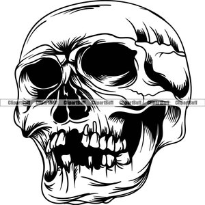Esqueleto de caveira Cabeça quebrada Dentes perdidos Rosto Osso fantasma Humano Mal Perigo Diabo Assustador Morto Morte Arte Design de tatuagem JPG PNG SVG Cut File