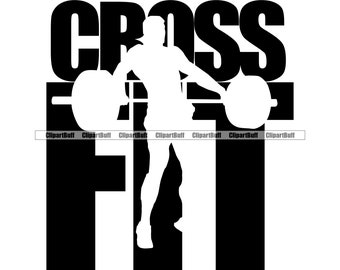 Puede incluir: Silueta en blanco y negro de una persona levantando una barra con la palabra "CROSSFIT" arriba y la palabra "FIT" abajo.