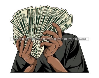 Black Man Holding Money Stack Gangster Cash Hustle Grind Diseñador de la calle Moda Rich Cash Hustling Arte Elemento de diseño Logotipo JPG PNG SVG Corte