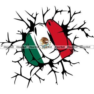 May include: A green, white, and red fist breaking through a cracked wall. The fist is painted with the Mexican flag.
