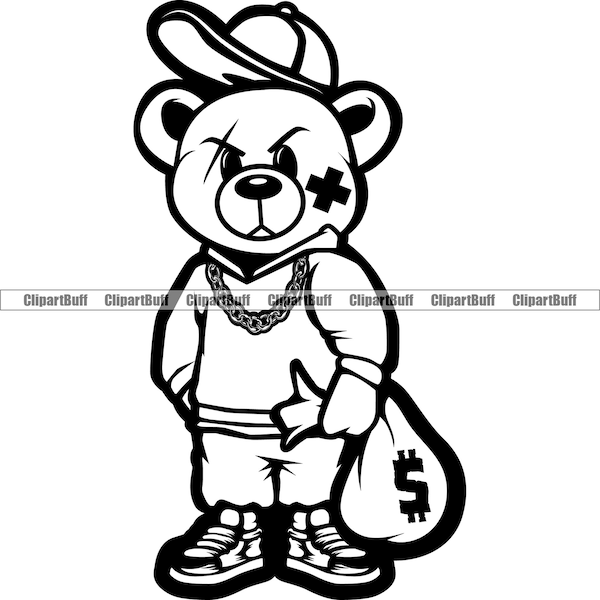 Gangster Hustle Teddy Bear Gold Jewelry Hat Face Bandage Sneakers Cartoon Hip Hop Rap Boss Swag Drip Trap Tattoo Art Logo Design PNG SVG Cut