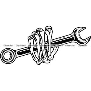 Skull Hand Holding Wrench Skeleton Handyman Work Builder Garage Engineering Mechanic Mechanical Design Element Tool JPG PNG SVG Cut File