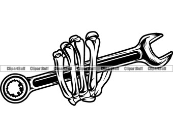 Skull Hand Holding Wrench Skeleton Handyman Work Builder Garage Engineering Mechanic Mechanical Design Element Tool JPG PNG SVG Cut File