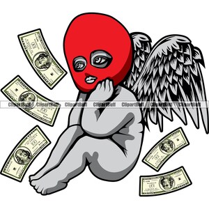 Gangster Hustle Angel Wings Bebé Estatua religiosa Bolsa de dinero Efectivo Lloviendo Rich Street Rap Hip Hop Art Hustling Diseño de color JPG PNG SVG Corte