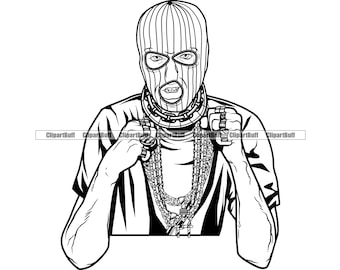 Gangster Hustle Thug Rapper Wearing Gold Chains Ski Mask Boxing Fist Trap Plug Gang Rap Hip Hop Hustling Tattoo Design JPG PNG SVG Cut File