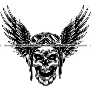 Skull Airplane Pilot Aviator Wings Flight Helmet Goggles Head Skeleton Bone Evil Scary Horror Tattoo Art Logo Design JPG PNG SVG Cut File