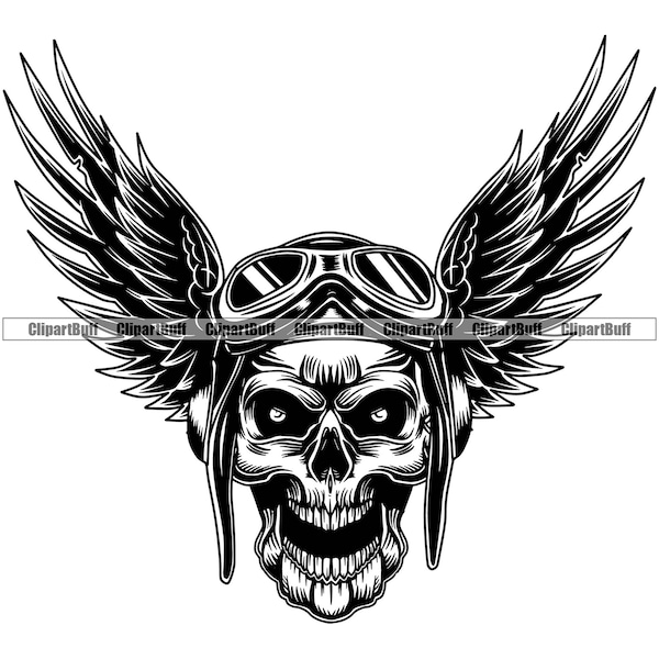 Skull Airplane Pilot Aviator Wings Flight Helmet Goggles Head Skeleton Bone Evil Scary Horror Tattoo Art Logo Design JPG PNG SVG Cut File