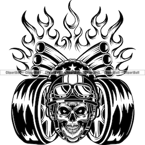 Schädel Helm Reifen Auspuff Rauch Flammen Skelett Kopf Biker Mechaniker Werkstatt Auto Teil Service Reparatur Tech Art Design PNG SVG geschnitten Datei