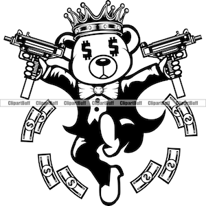 Gangster Hustle Teddybär König Dollar Zeichen Augen Maschinengewehr Tuxedo Money Falling Cartoon Rapper Boss Trap Tattoo Art Logo Design PNG SVG