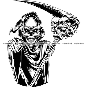 Faucheuse Crâne Effrayant Mort Squelette Faucille Faux Tête Horreur Maléfique Gothique Pointant du doigt Démon Danger Enfer Logo Design JPG PNG SVG Cut