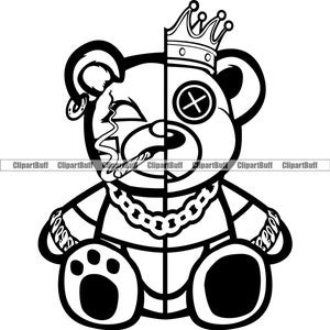 Hustle Teddy Bär Half Gangster Half King Gold Kette Zigarre Geld Rauchen Rapper Boss Swag Drip Tattoo Art Logo Design PNG SVG Cut