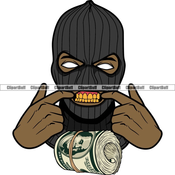 Gangster Hustle Black Gang Member Ski Mask Showing Gold Teeth Money Roll Rich Thug Mafia Crime Mob Boss Rap Hip Hop Tattoo Design PNG SVG