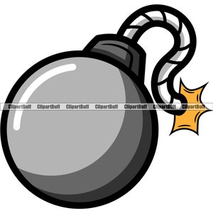 May include: A cartoon illustration of a gray bomb with a black fuse and a yellow starburst. The bomb has a black outline and a white highlight on the top.